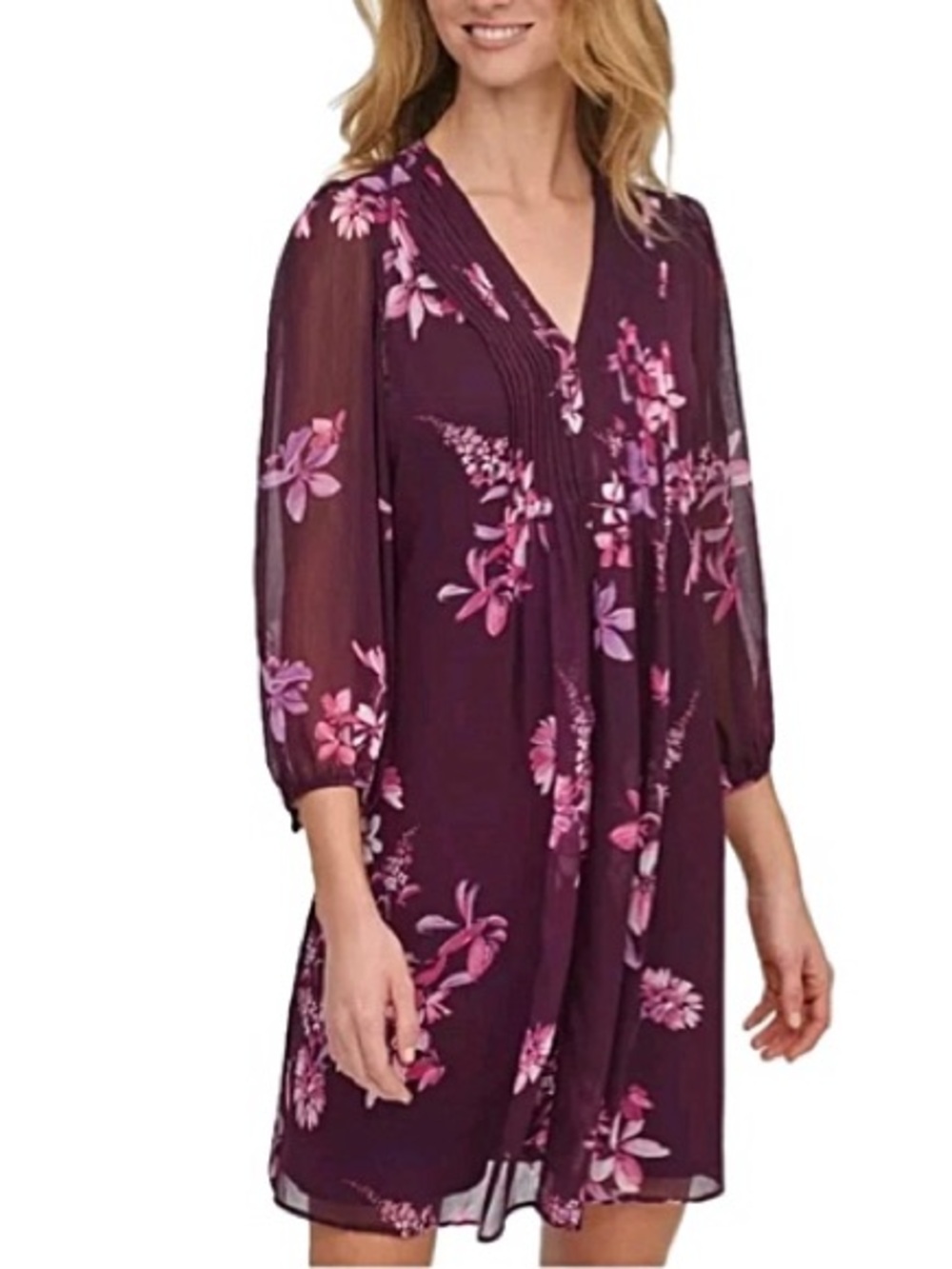 Calvin Klein Sheer Floral Print Pleated Shift Dress Petite Size 10 A-Line Mini